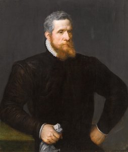 Retrato de un hombre barbudo de negro, sosteniendo un pañuelo